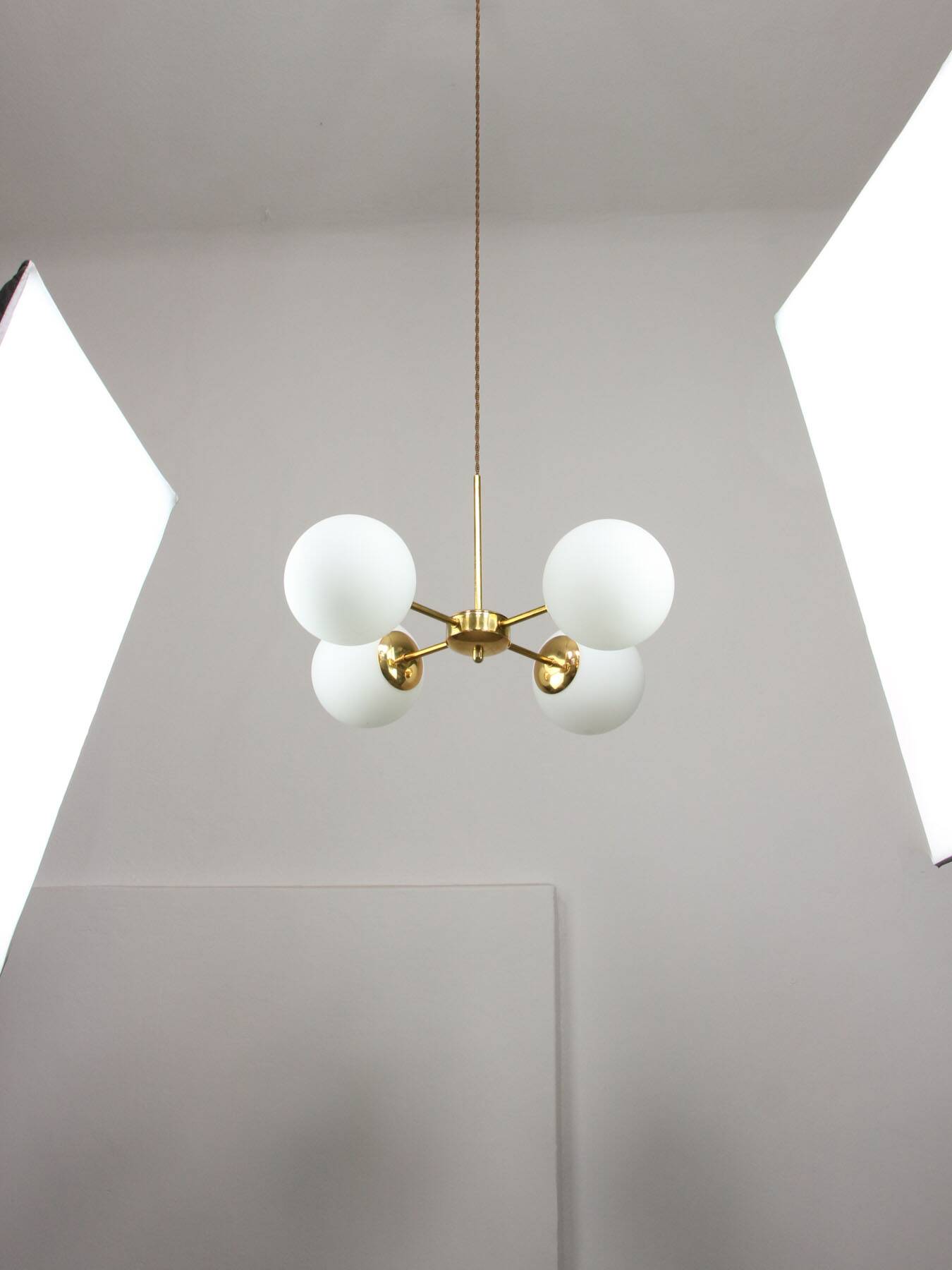 Italian Mid Century Golden Sputnik Chandelier with Opaline Shades, 1960s
