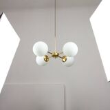 Italian Mid Century Golden Sputnik Chandelier with Opaline Shades, 1960s