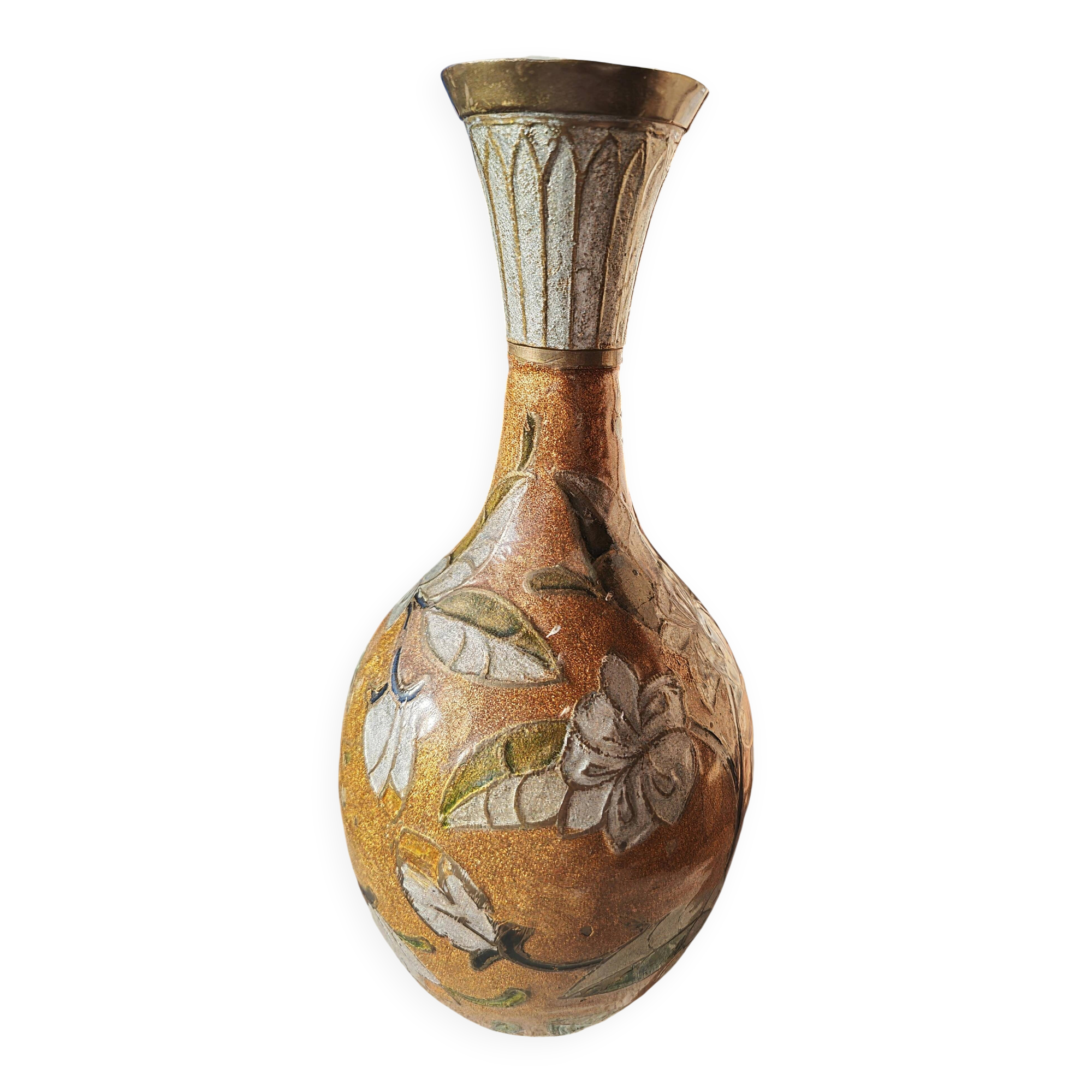 Antique oriental metal vase – floral decoration – vintage