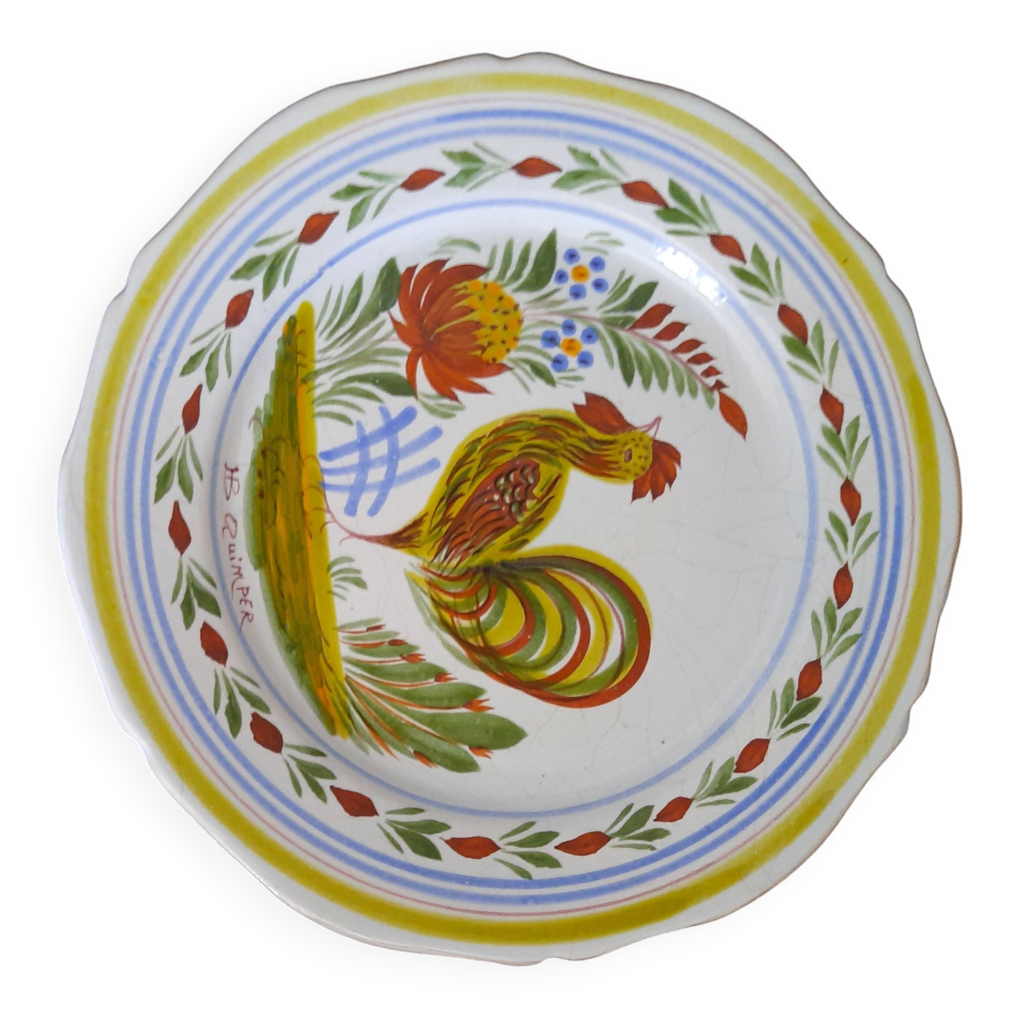 Ancienne Assiette HB Quimper Décor Coq Traditionnel Peint Main Faïence 25cm