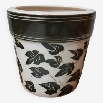 Vintage glazed ceramic flower pot with leaf pattern