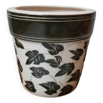 Vintage glazed ceramic flower pot with leaf pattern