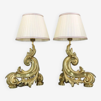 Pair of andirons in 19th century Napoleon III lamp in gilded bronze