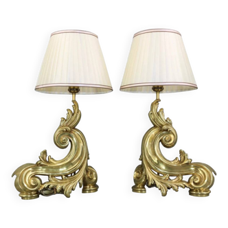 Pair of andirons in 19th century Napoleon III lamp in gilded bronze