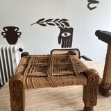 Stool in carved wood and rope from the 70s