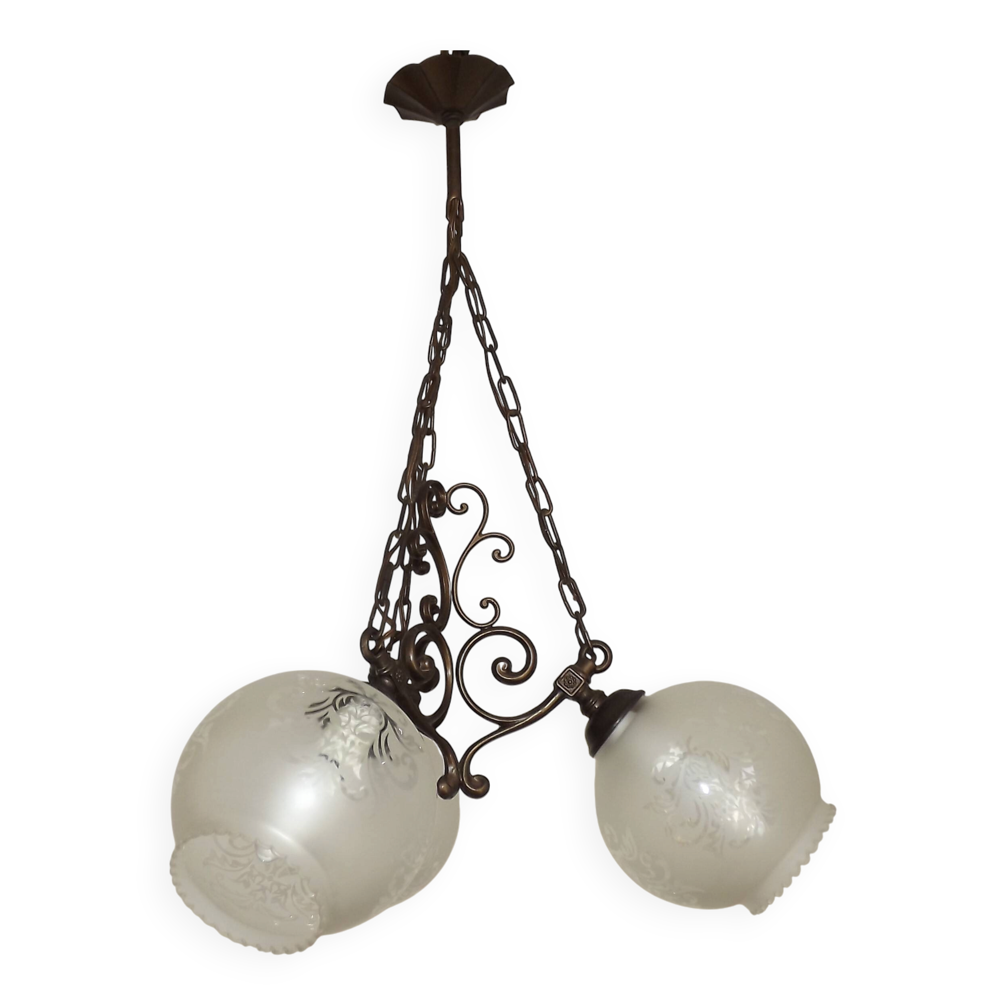 French Vintage 3 Light Bronze Effect Chandelier - Opaque Glass Ball Shades