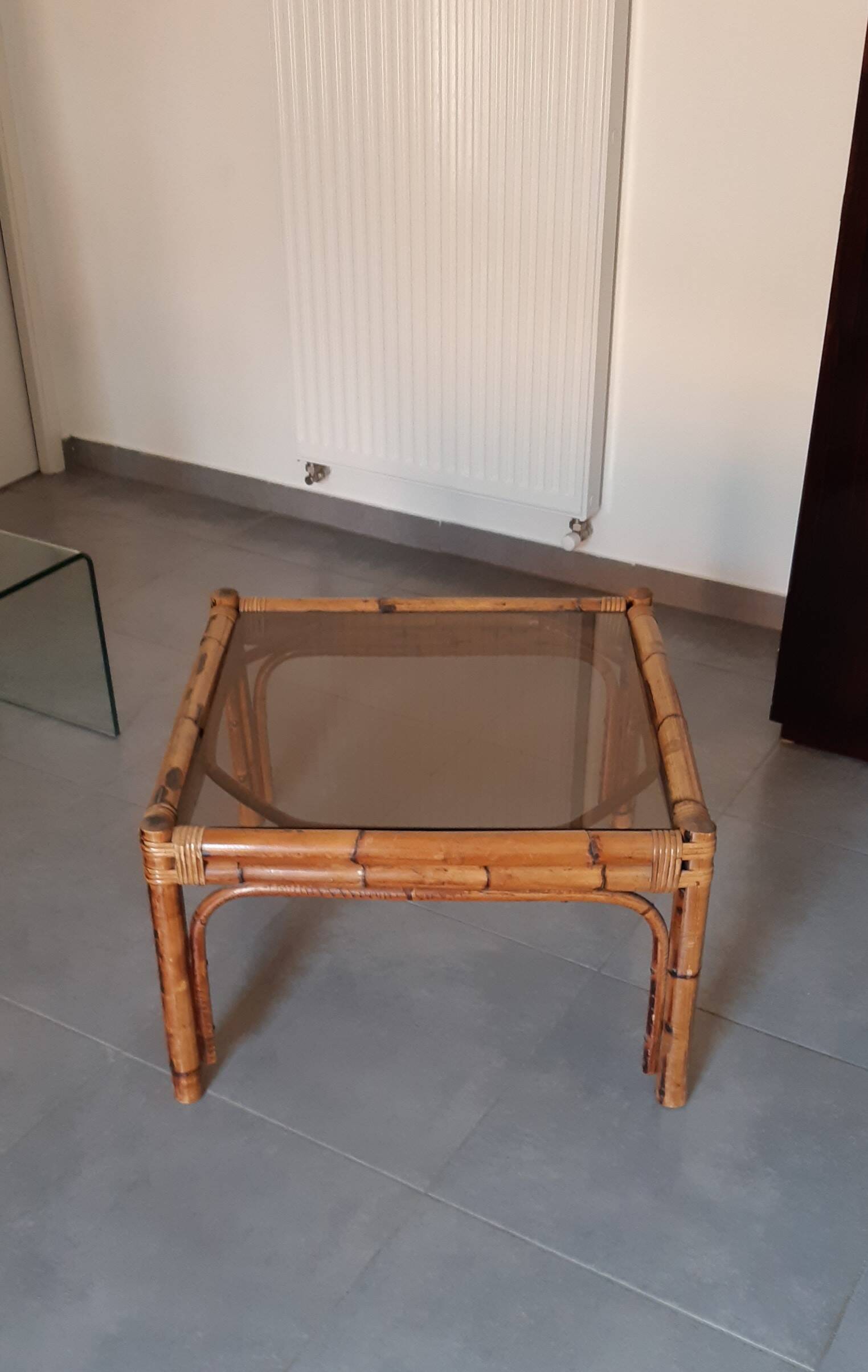 Vintage coffee table, rattan, bamboo and glass in the style of Vivai del Sud.