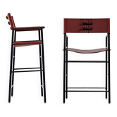By contemporary classic bar stool with cognac leather backrest, black rubber, metal.