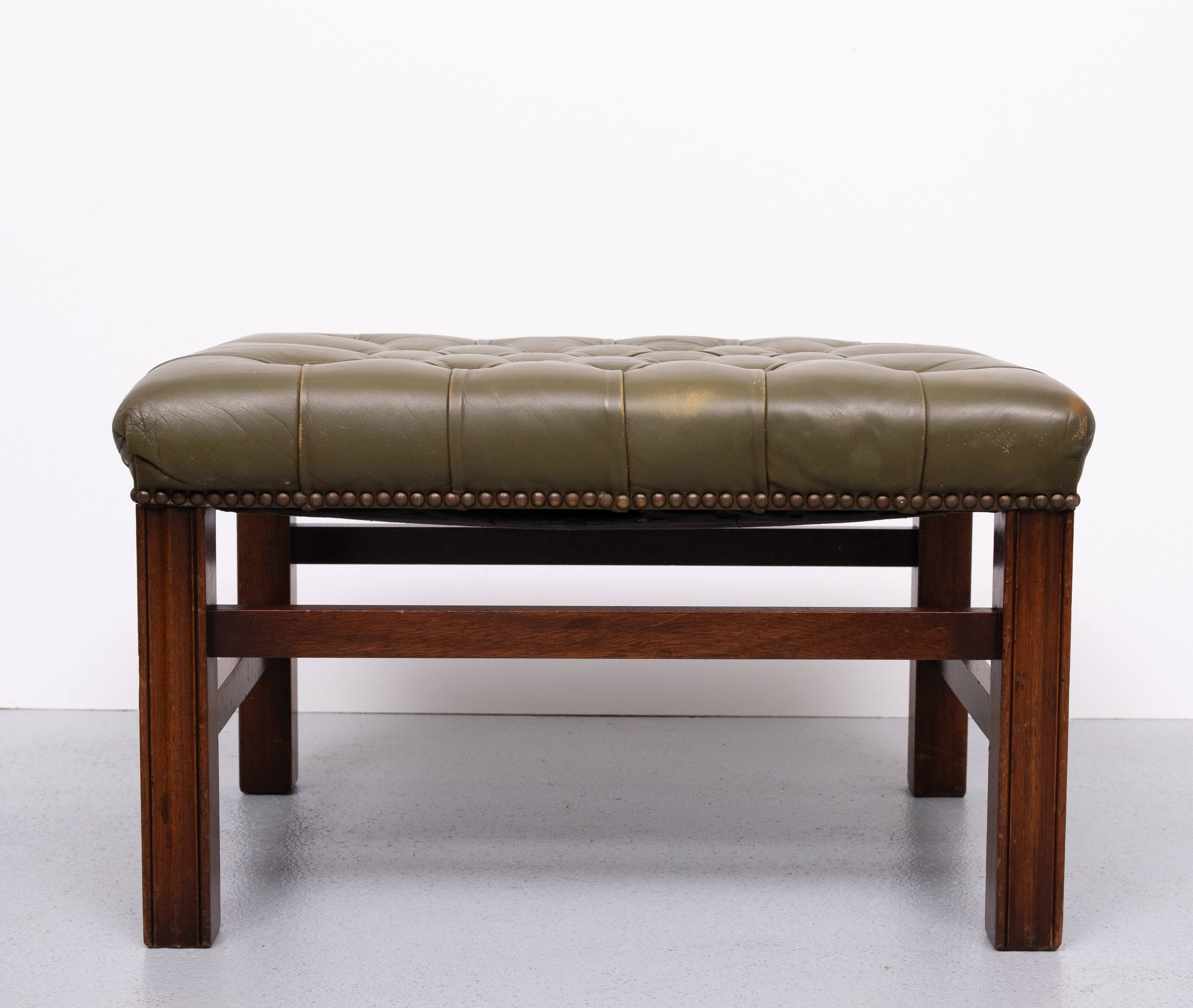 Capped Green Leather Chesterfield Foot stool 1960s England