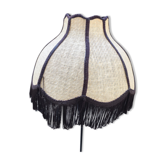 Lampshade year 70 in the shape of a flower. Braided raffia, brown stripes and fringes