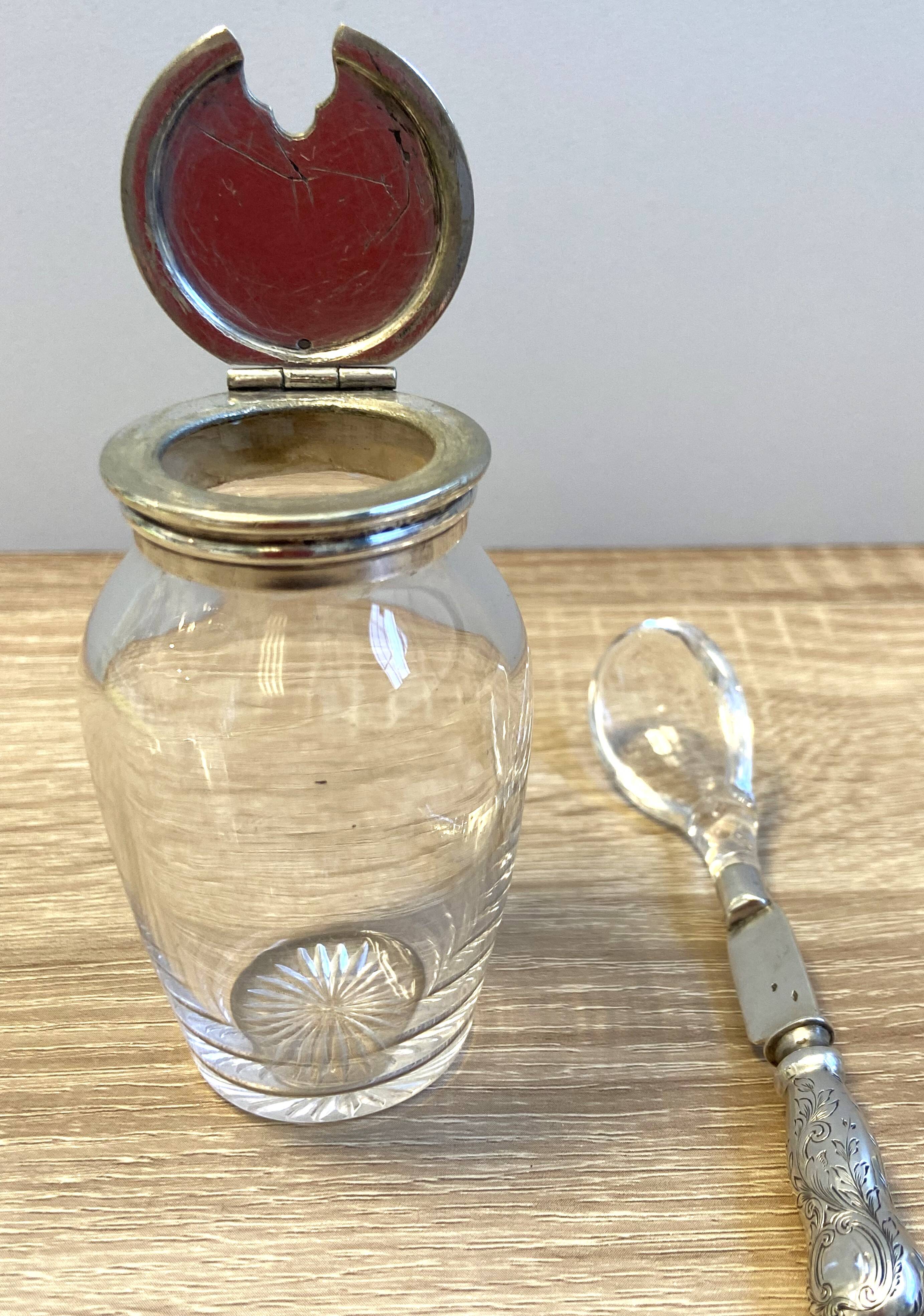 Antique Silver Metal Crystal Mustard Pot + Crystal & Silver Spoon Hallmarked