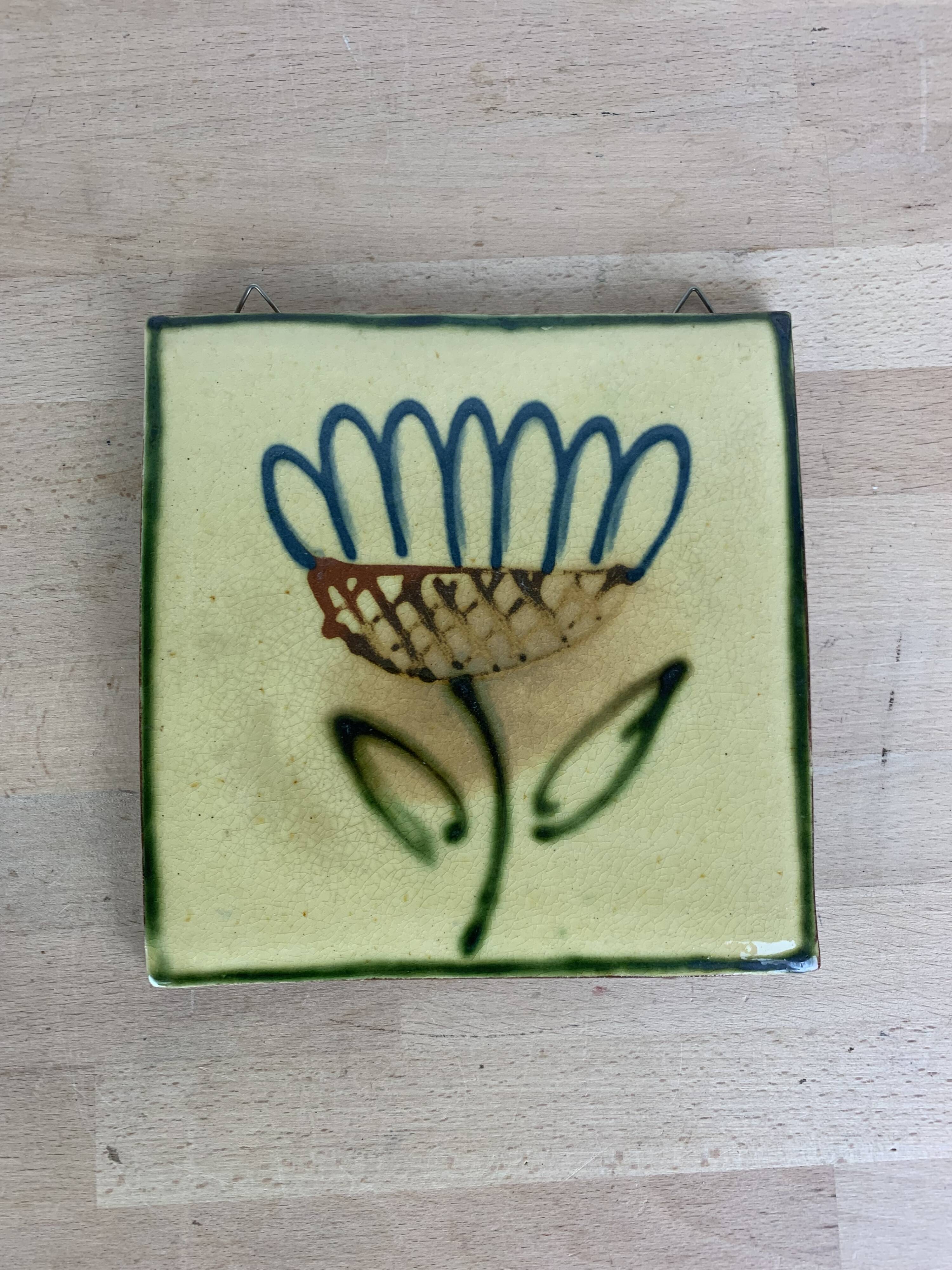 70s ceramic tile flower trivet, wall decoration