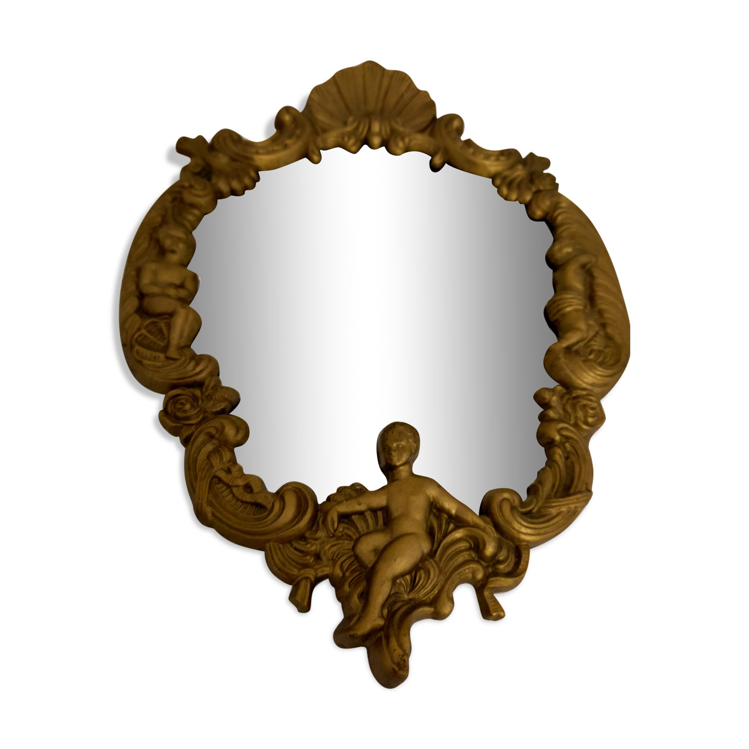 Gilded bronze mirror with angels and scrolls