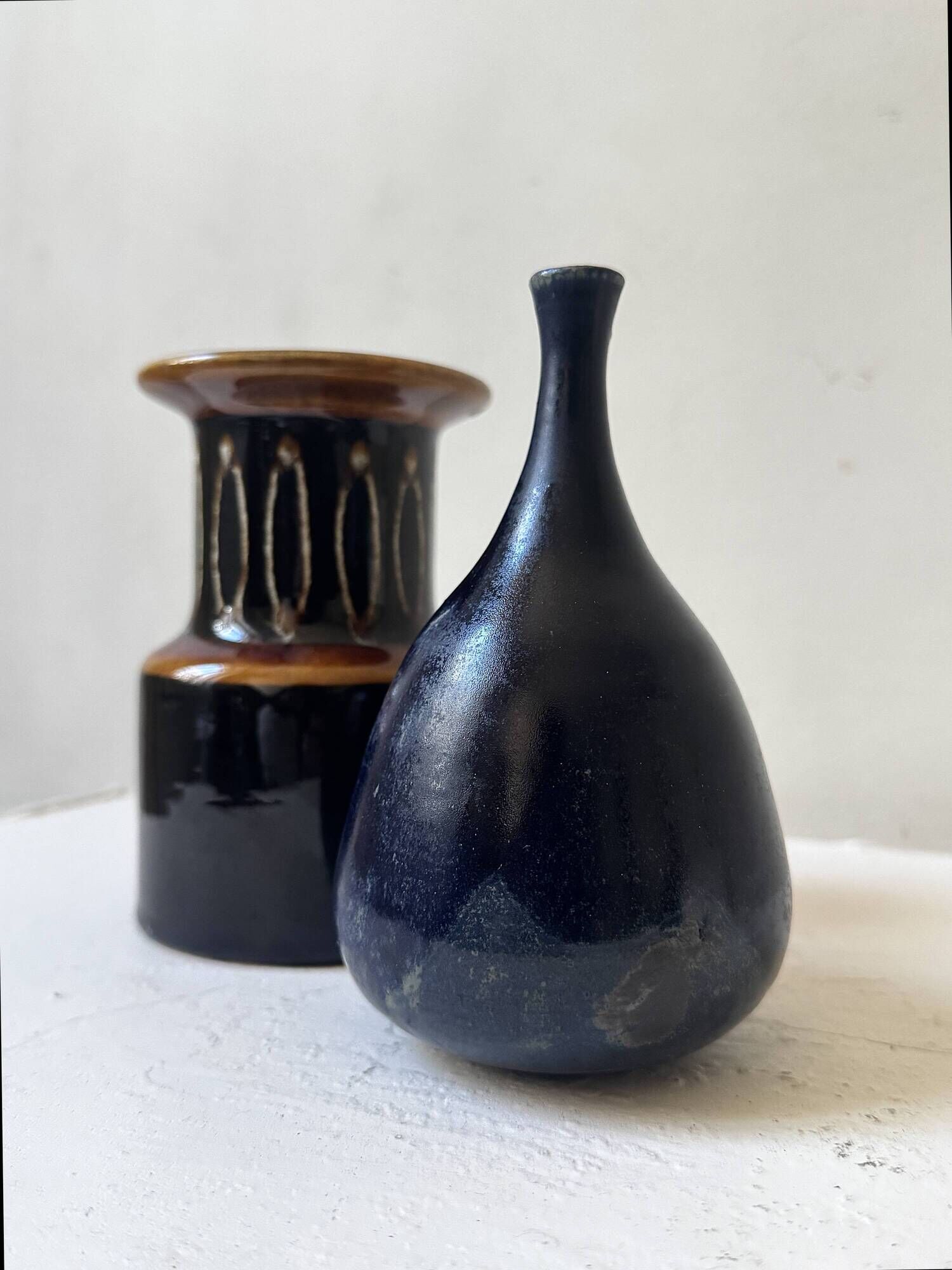 Night blue glazed ceramic vase, signed, circa 1950.