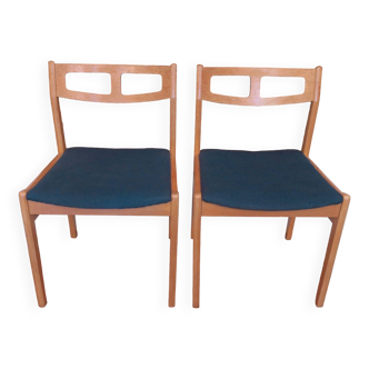 Pair of Danish oak chairs with petrol blue covers, 1960s