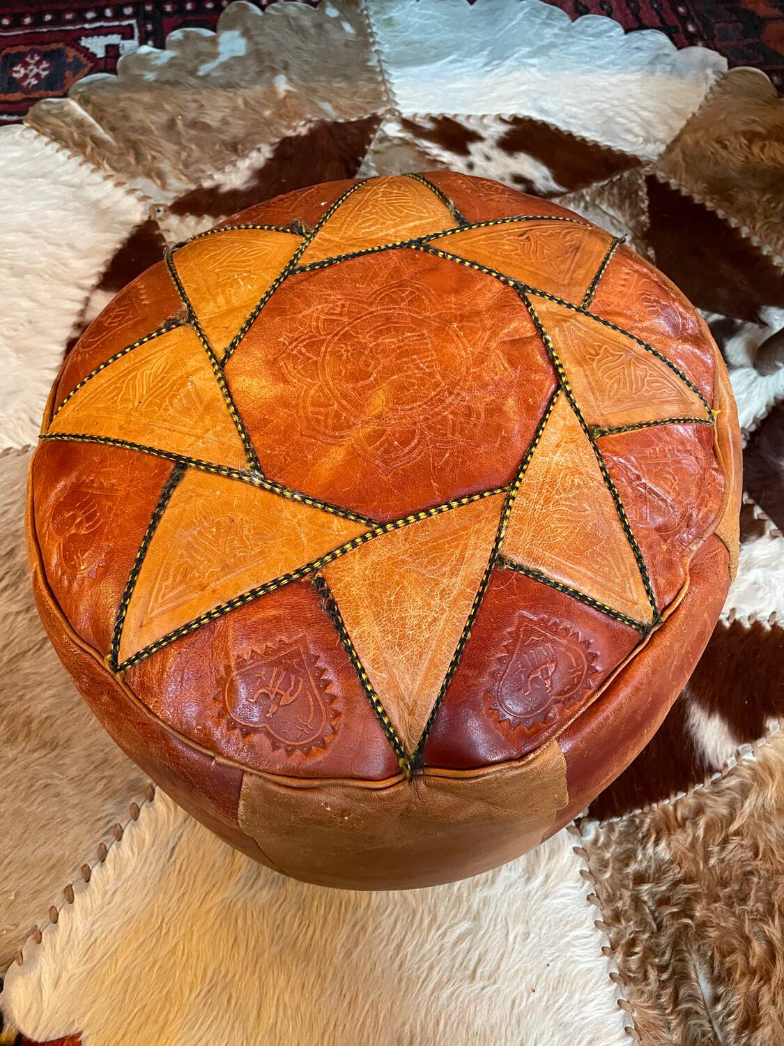 Vintage Berber leather pouf