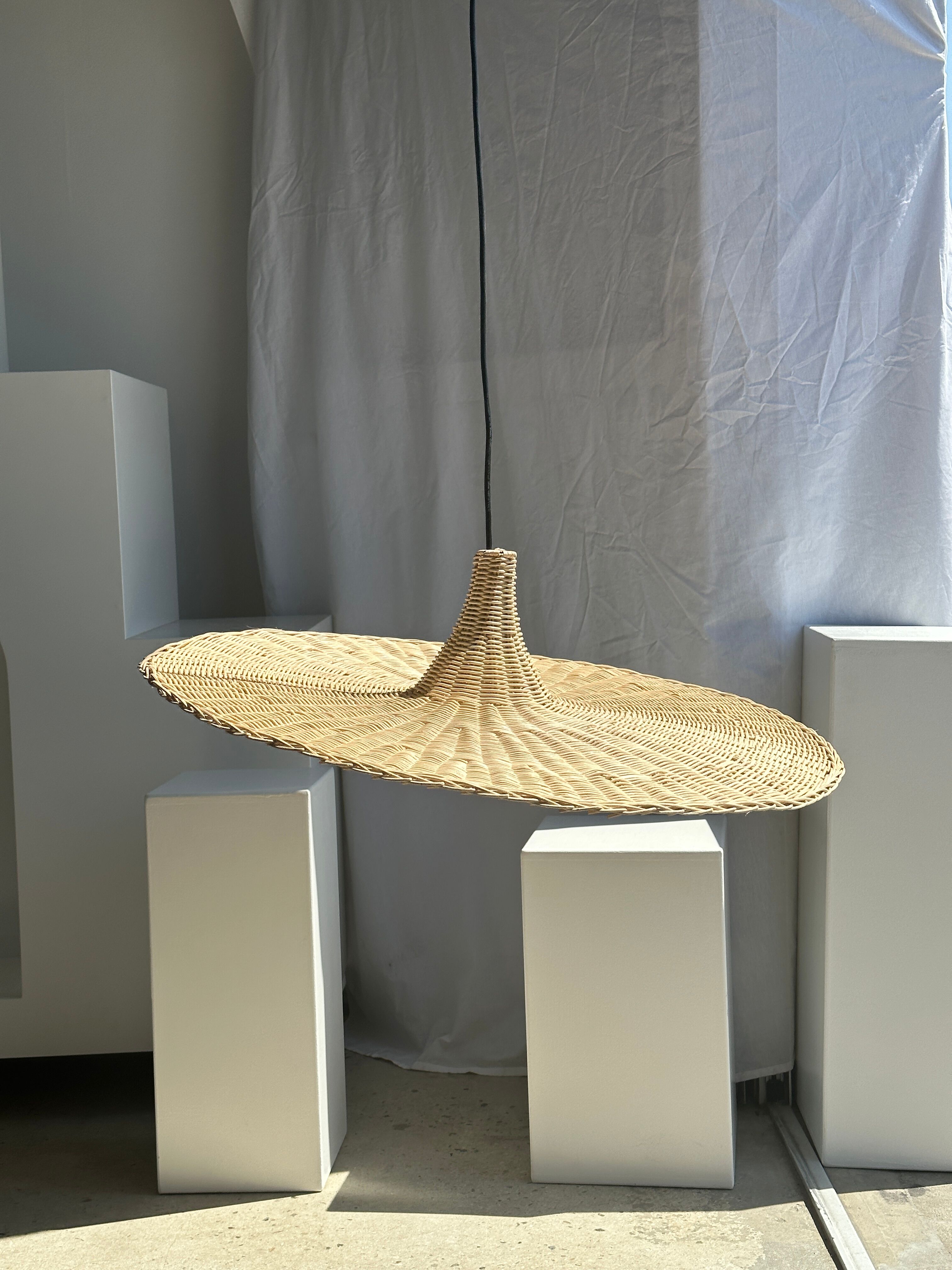 Large suspension, rattan luminaire in hat shape D:80cm