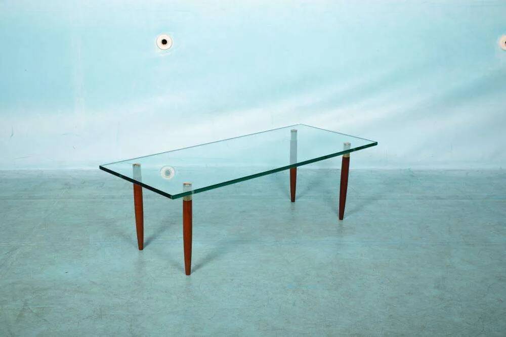 Vintage coffee table glass teak brass, mid-century coffee table.