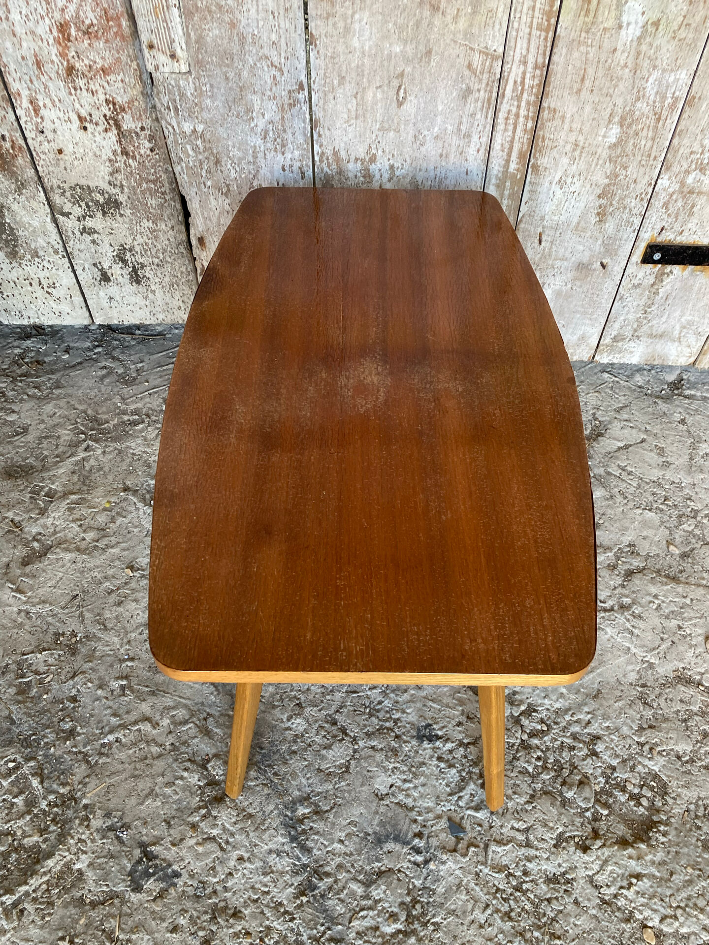 Table Basse Ancienne Scandinave Bois Pieds Compas Années 60 Vintage #E