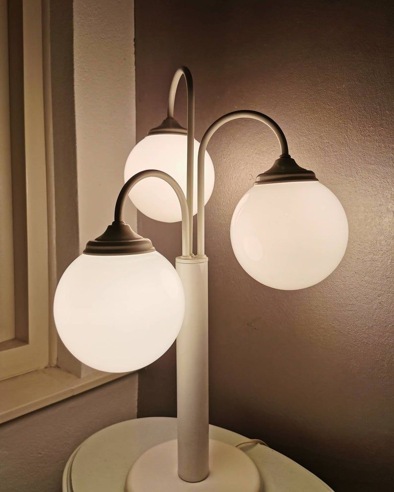 Lampe de table en métal blanc vintage avec 3 boules de lanterne, années 80
