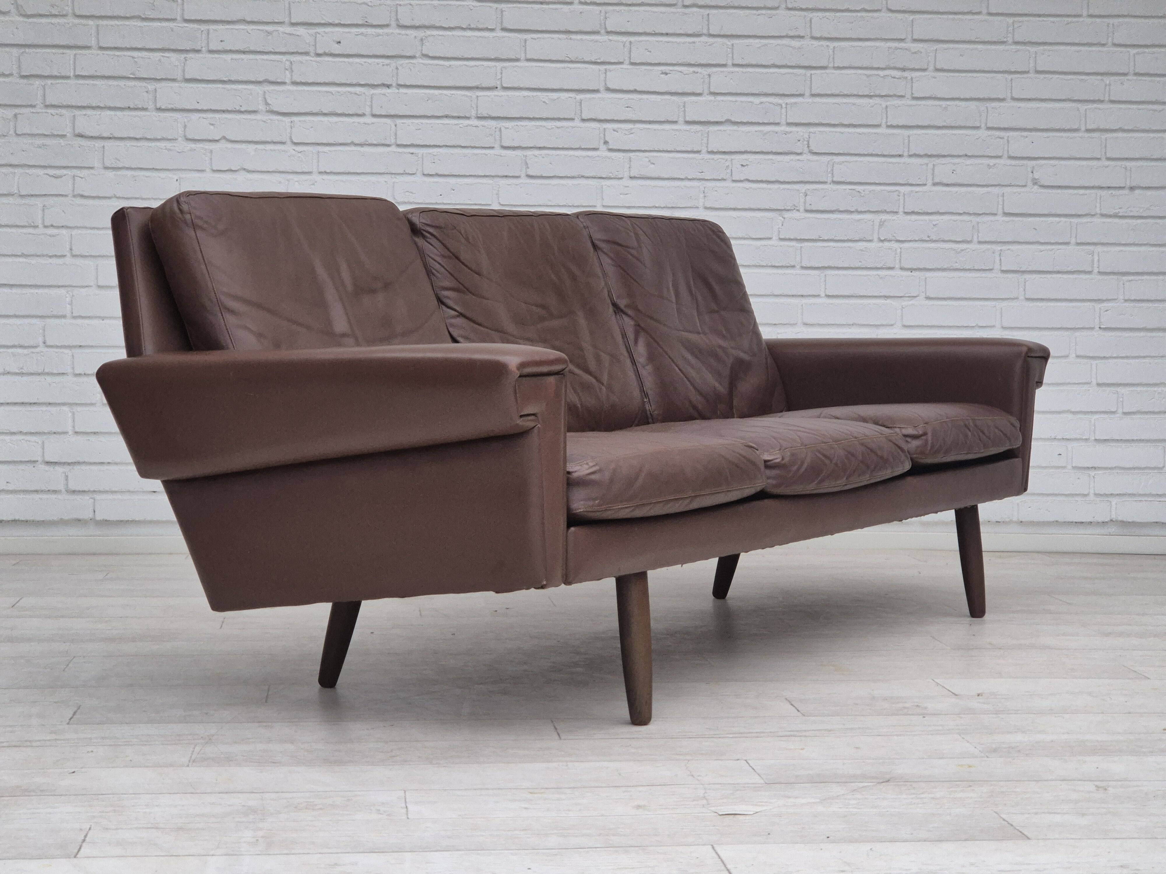 1970s, Danish 3-seater sofa, original brown leather.