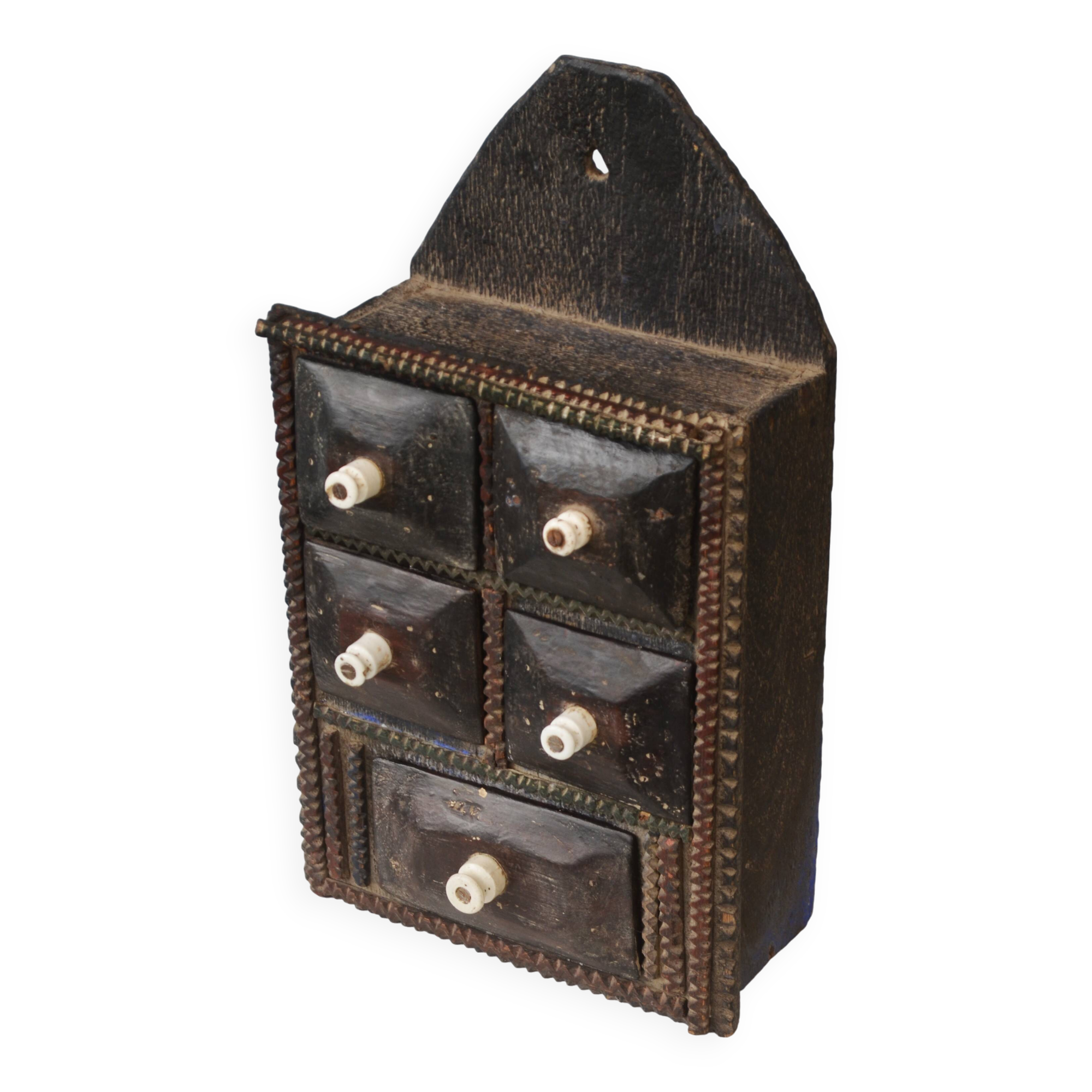 Primitive Wood Carved Kitchen Apothecary Spices Cabinet