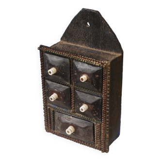 Primitive Wood Carved Kitchen Apothecary Spices Cabinet