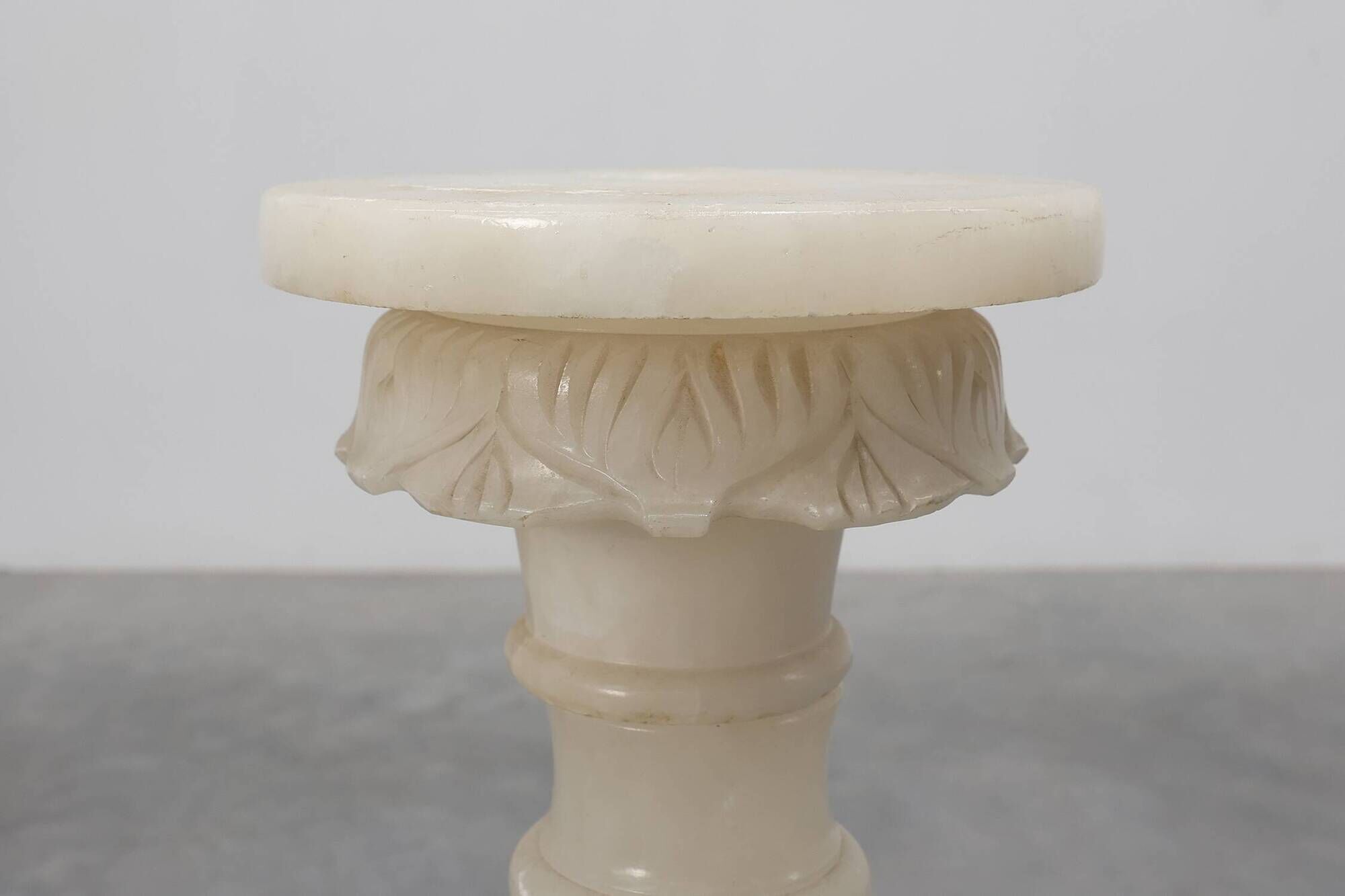 Italian Turned Alabaster Pedestal Column with Carved Leaf Capital