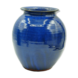 Blue enamelled terracotta vase signed to identify contemporary design collection