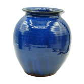 Blue enamelled terracotta vase signed to identify contemporary design collection