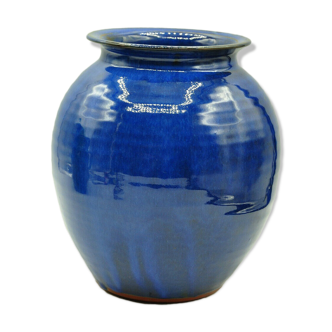Vase terre cuite émaillé bleu signé à identifier design contemporain collection