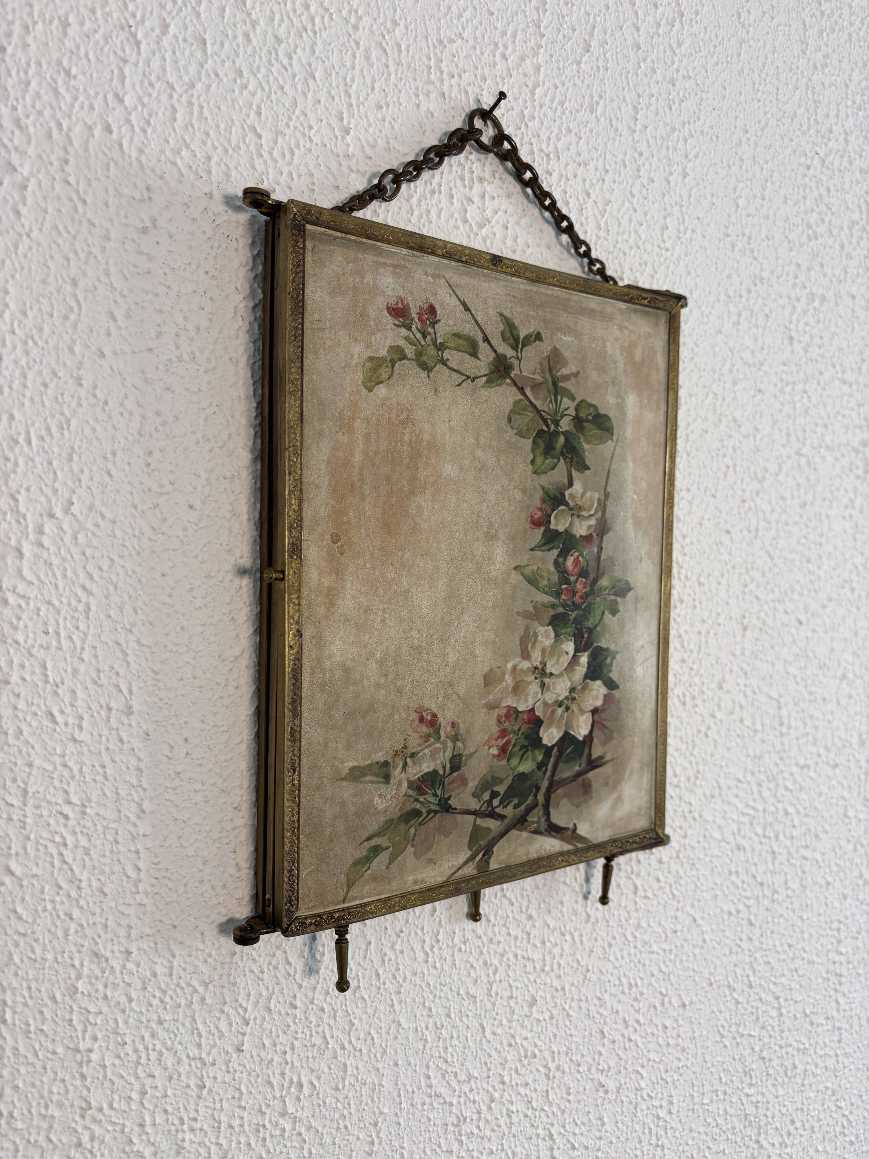 Vintage 1900s triptych barber mirror JB gilt burgundy - 30 x 67 cm