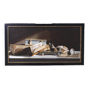 Still life with pewter inkstand and old books – Marjolein van den Berg