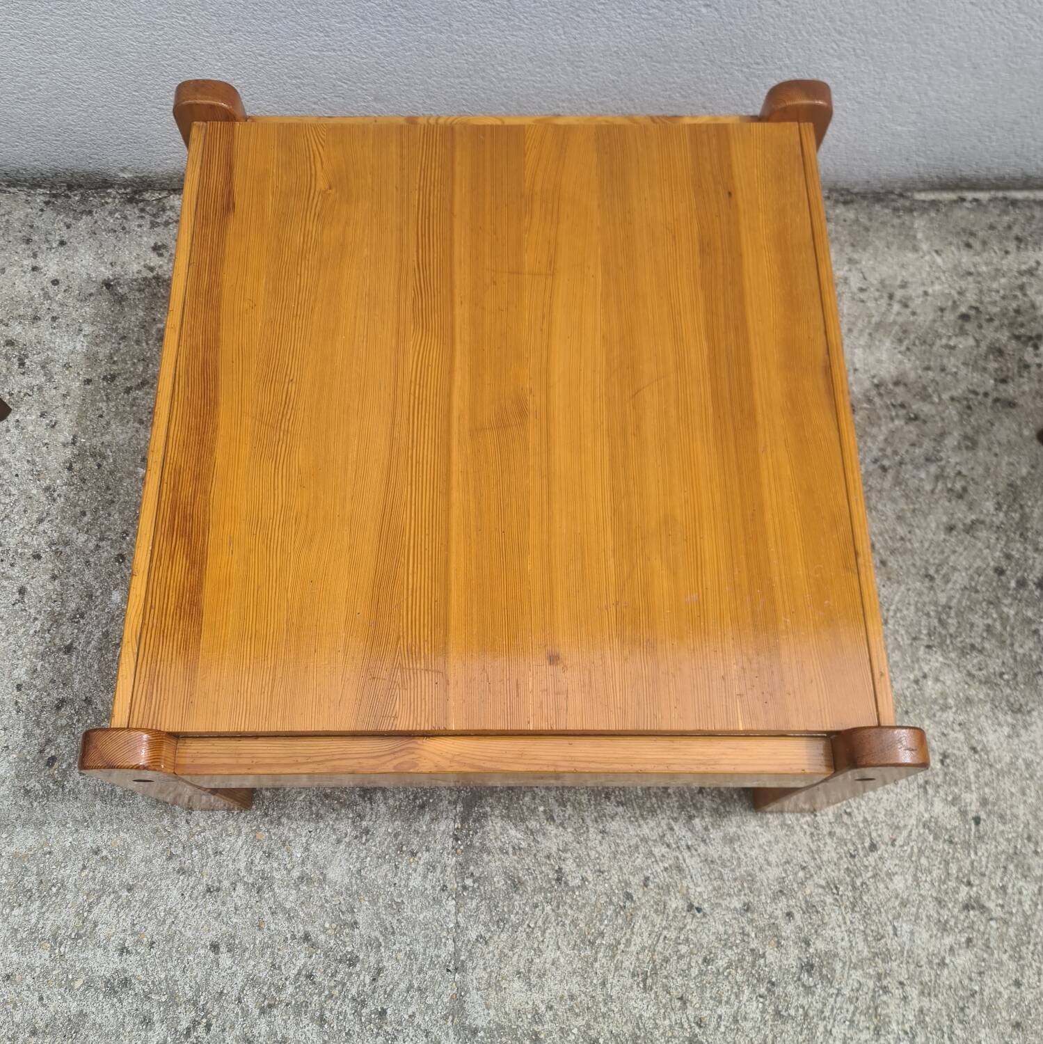 Brutalist square coffee table, solid pine, vintage