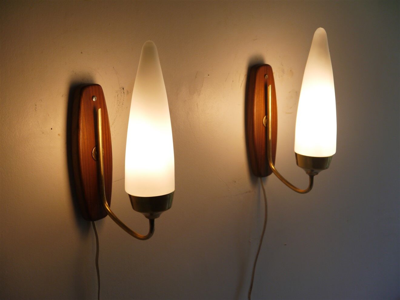 Pair of Danish wall lamps in teak and opaline 1960