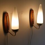 Pair of Danish wall lamps in teak and opaline 1960