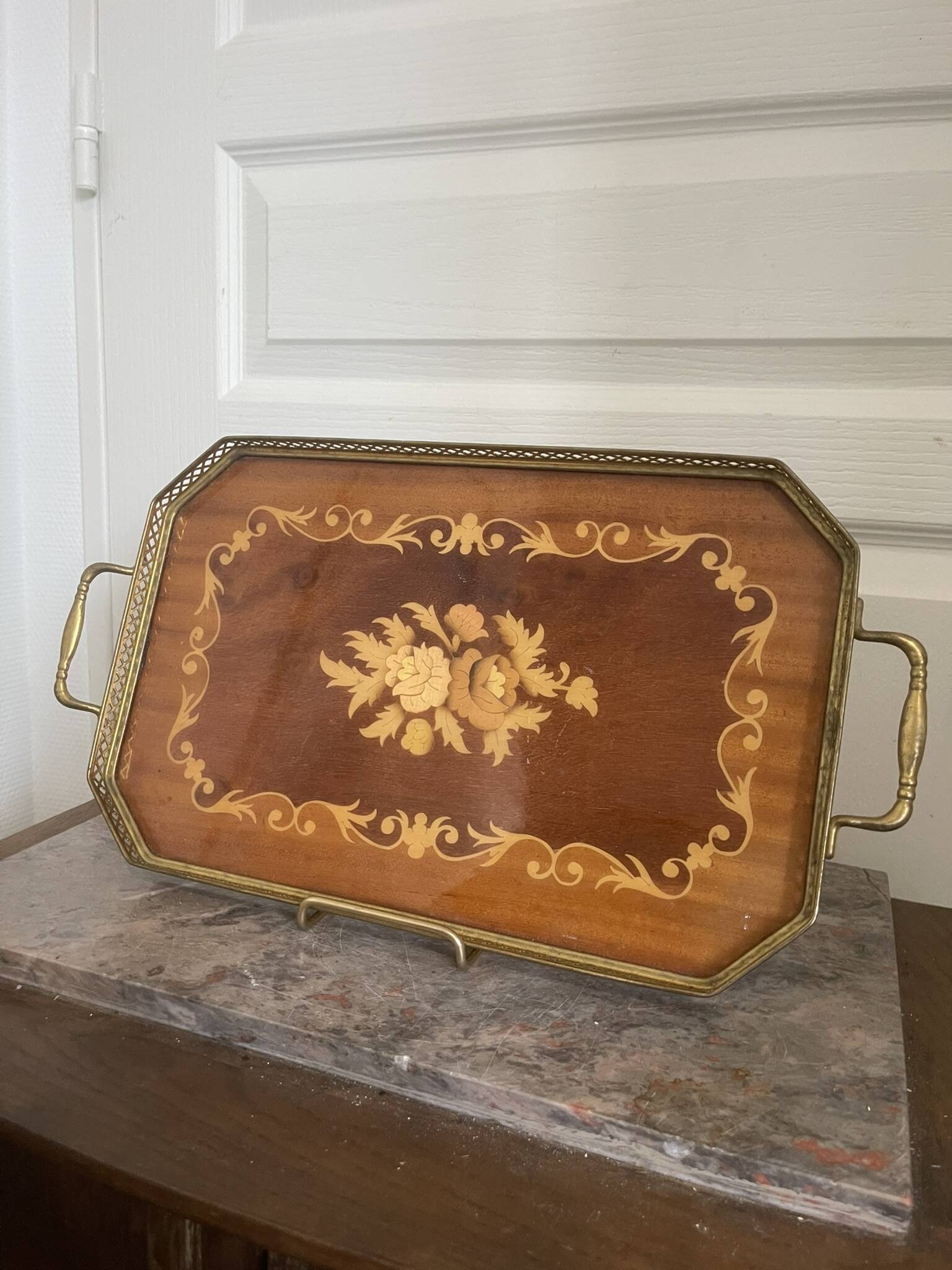 Vintage Italian Sorrento Wood Marquetry Brass Serving Tray 36