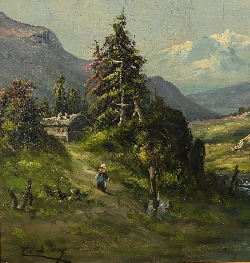 Oil on canvas "Mountain Landscape", signed C. Lion – Late 19th century