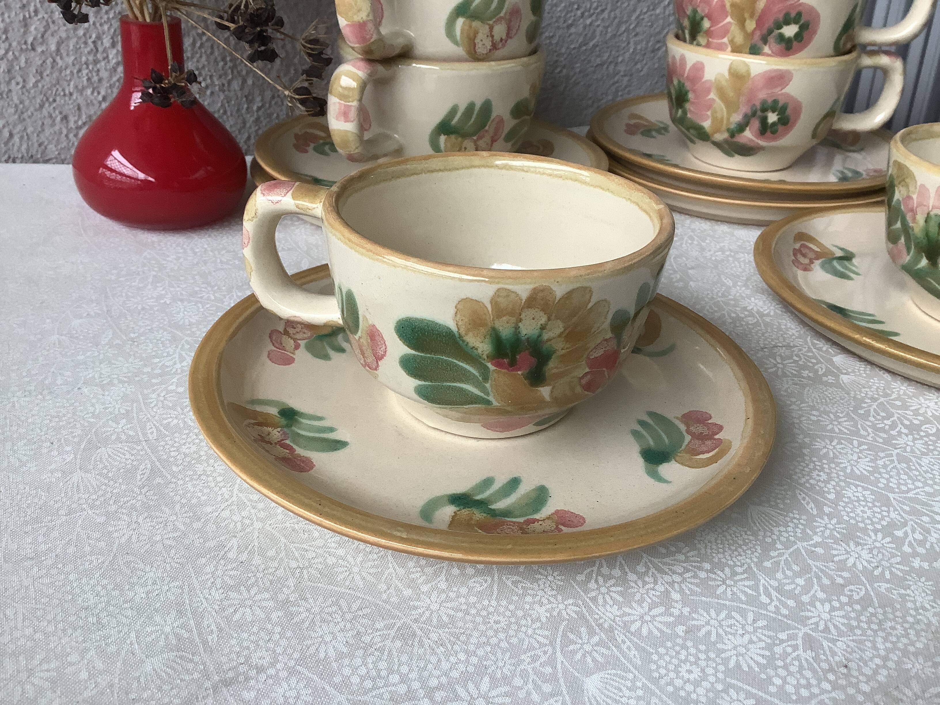 HB Henriot Quimper stoneware cups, hand-painted floral decoration