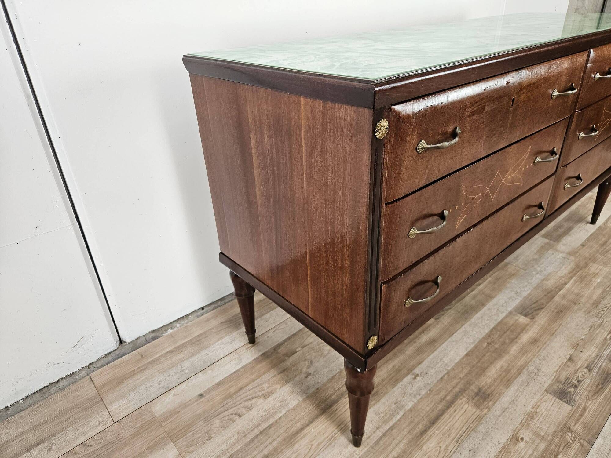 Vintage six-drawer oak chest of drawers with glass top, 1960