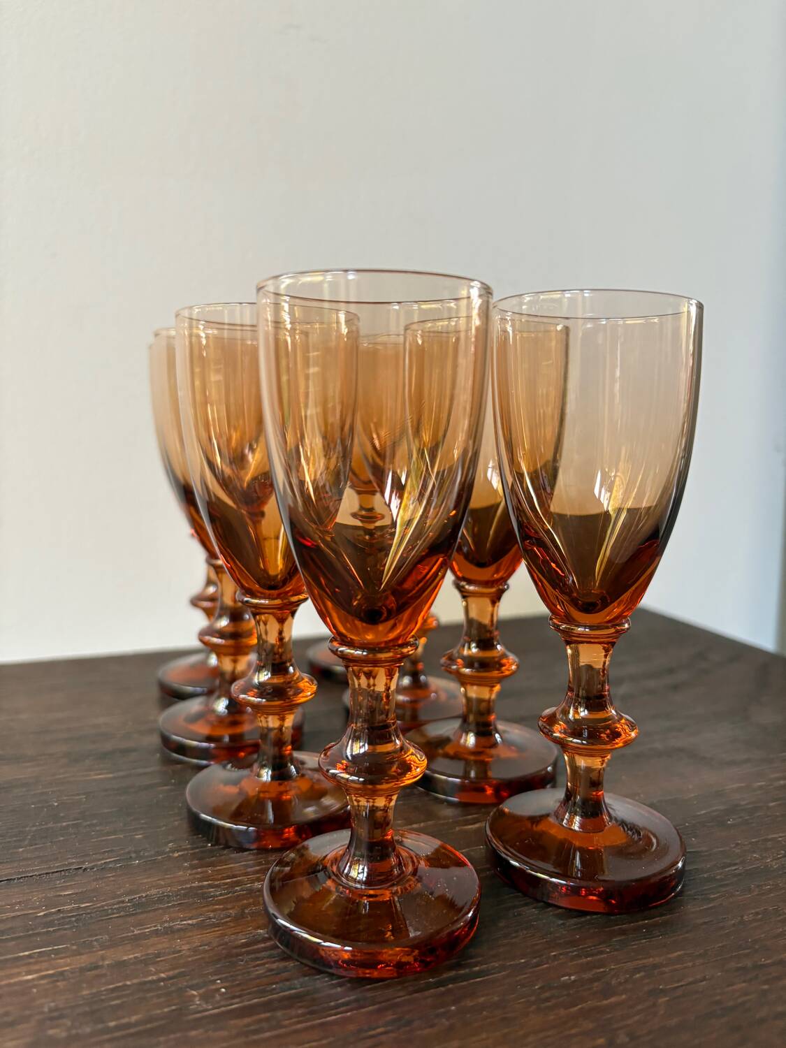 Set of 8 vintage amber portieux crystal glasses from the 70s