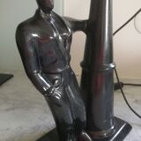 Metallic black table lamp and opal globe 1980s