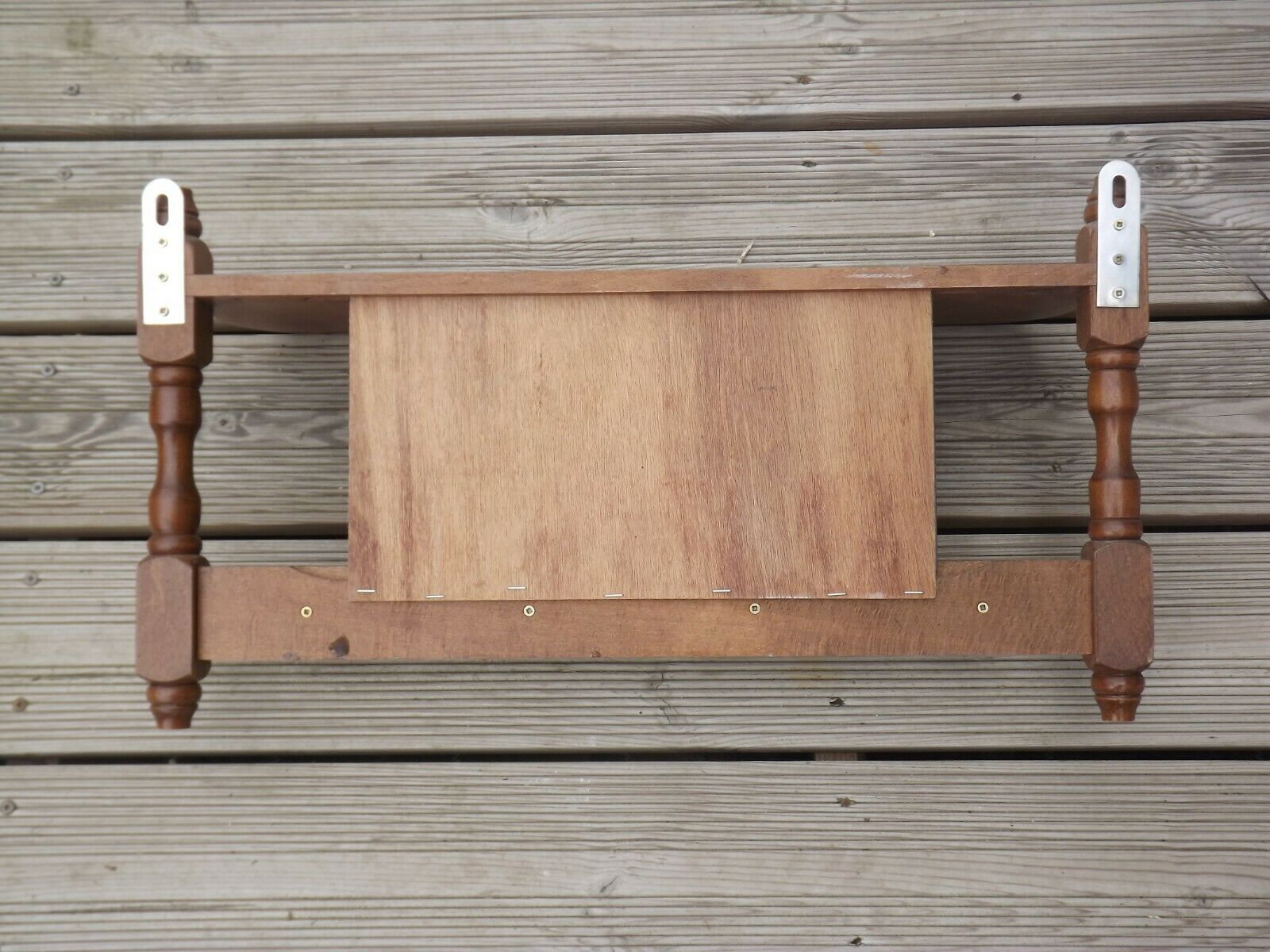 Vintage wooden wall coat rack with mirror and hooks, French, 3529