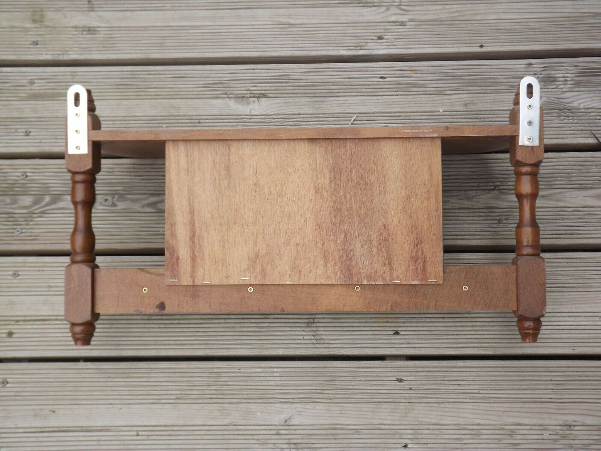 Vintage wooden wall coat rack with mirror and hooks, French, 3529