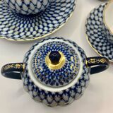 Service à thé russe en porcelaine Lomonosov en filet de Cobalt