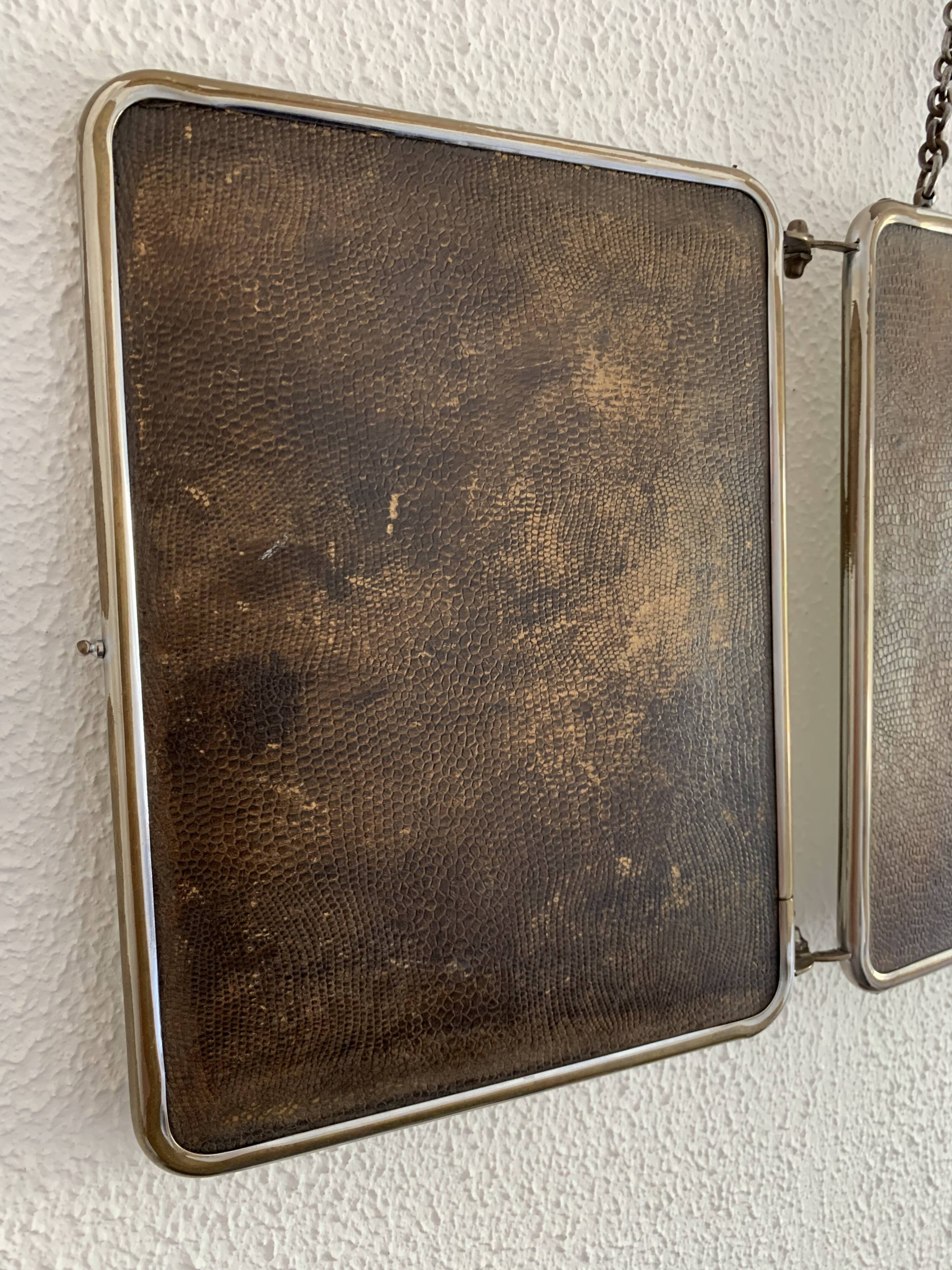 Miroir vintage 1930 triptyque de barbier lézard brun Art Déco - 26 x 61 cm