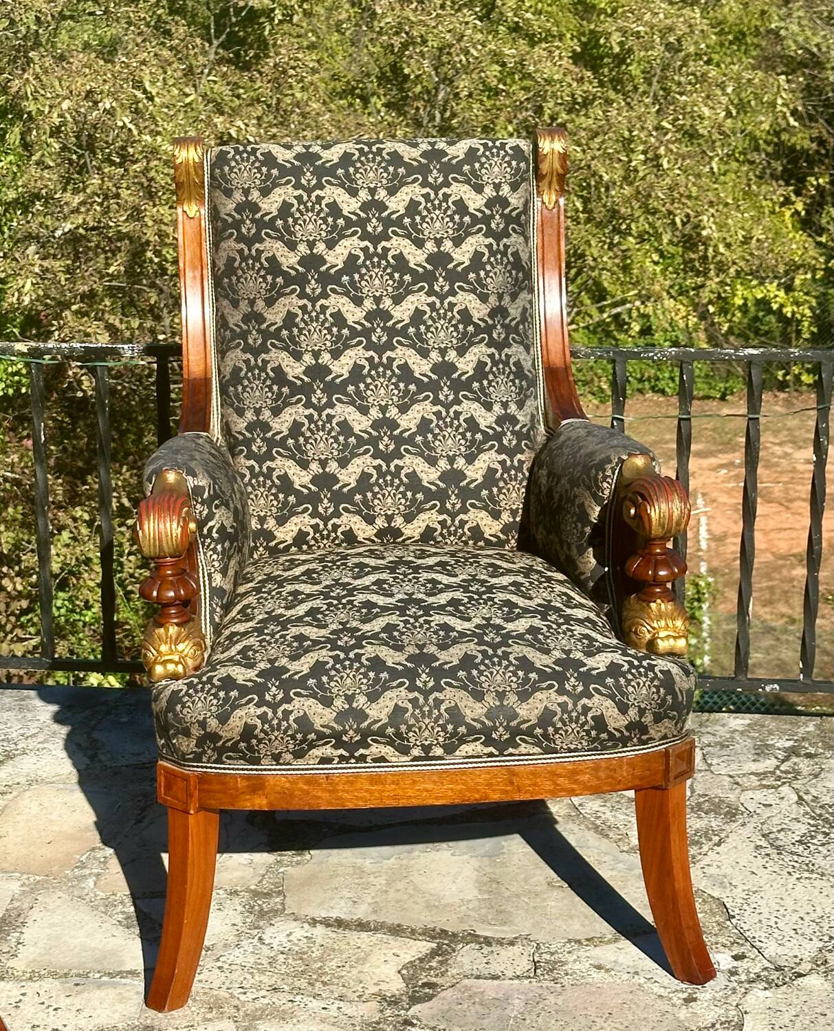 Pair of Mahogany Bergère Armchairs with Chimera Motifs, 19th Century