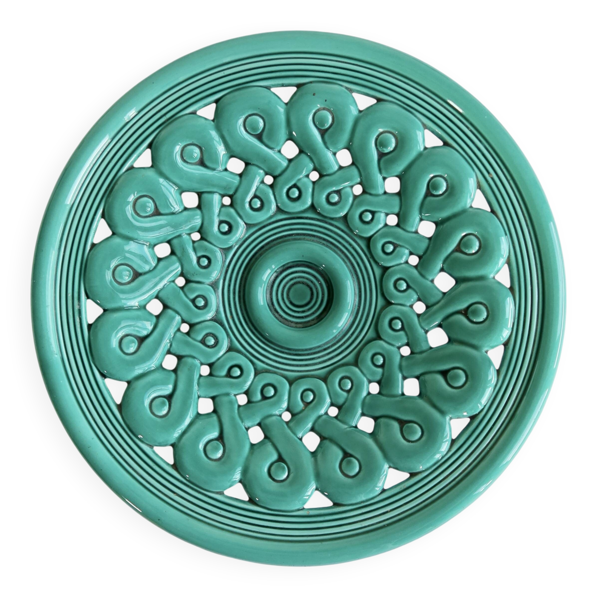 Large vintage turquoise ceramic bowl – Openwork braided pattern