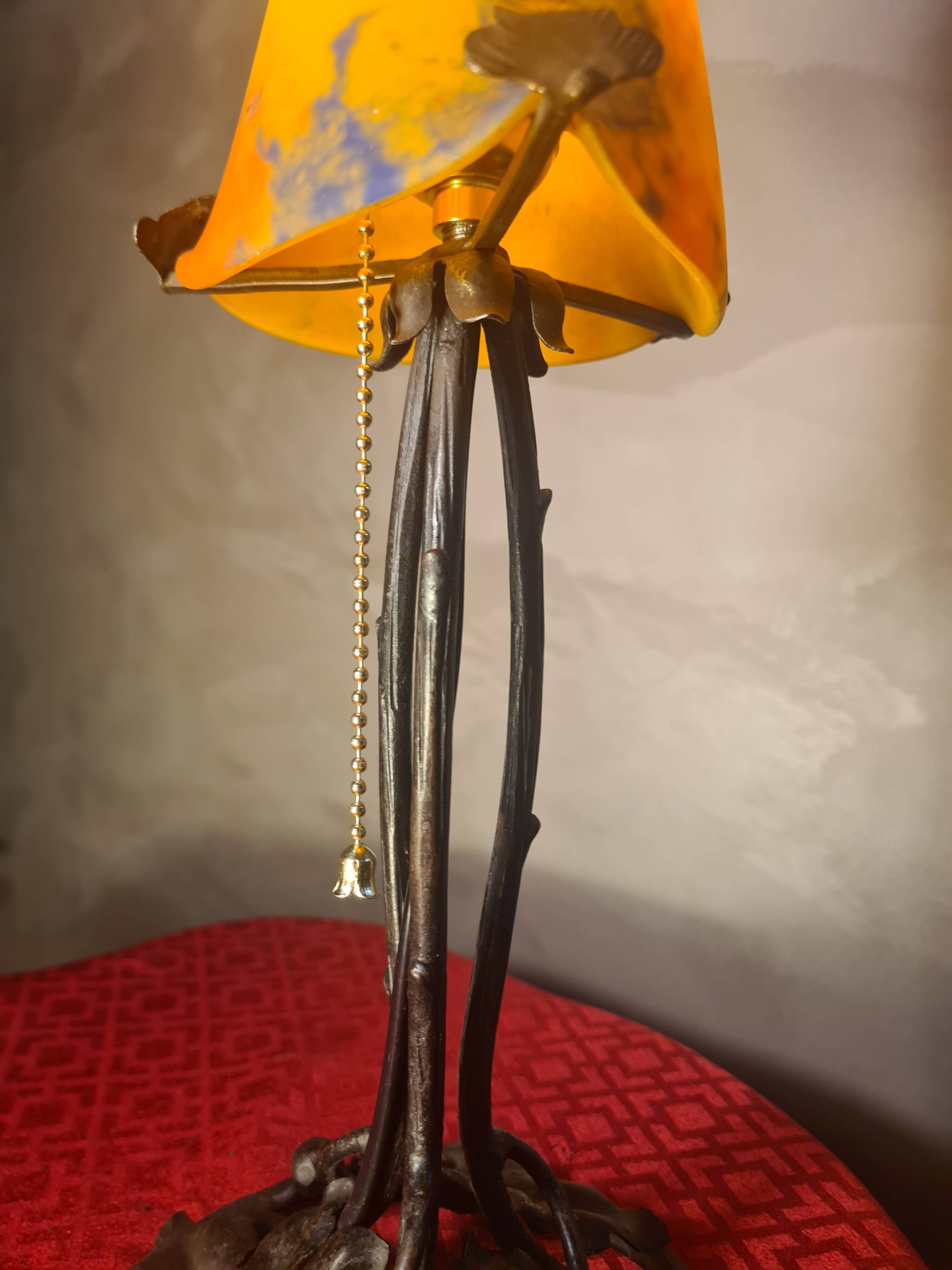 antique wrought iron lamp from 1900 at 40 with a very large glass paste shade 45