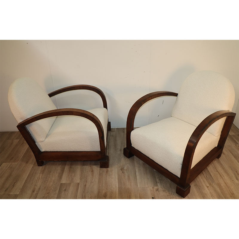 Pair of modernist armchairs in wood and buckle fabric, 1940